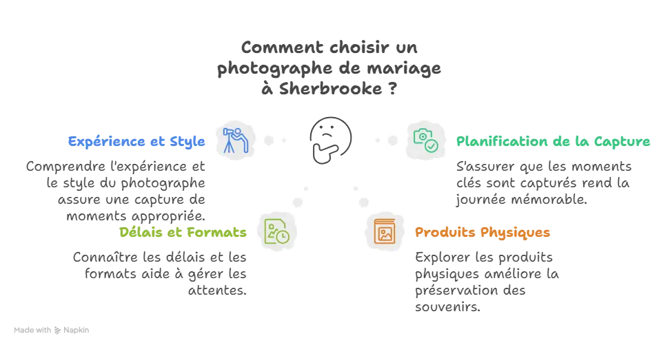 Avant de faire votre choix final, posez des questions spécifiques concernant l'expérience professionnelle de votre photographe mariage Sherbrooke